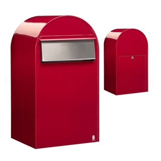 Rød postkasse med låge på bagsiden.