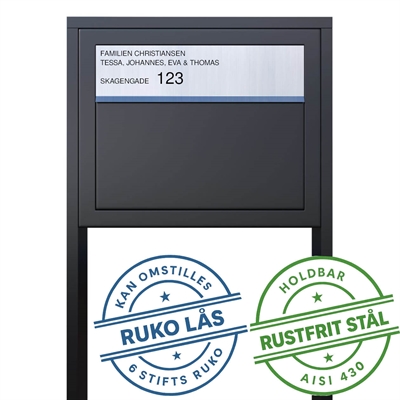 Sort Elegance Exclusive postkasse med stander - med RUKO lås - Rustfrit Stål Indkast