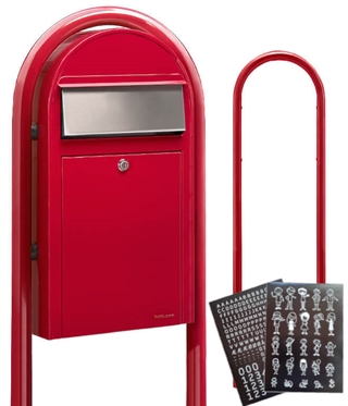 BobiGrande-S Postkasse Sæt - Rød Postkasse og Stander og HVID Stickersark