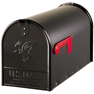 Amerikaner postkasse i sort lakering med rødt flag.